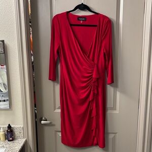 Black Label by Evan Piccone Red Ruffled Faux-Wrap Long Sleeve Dress